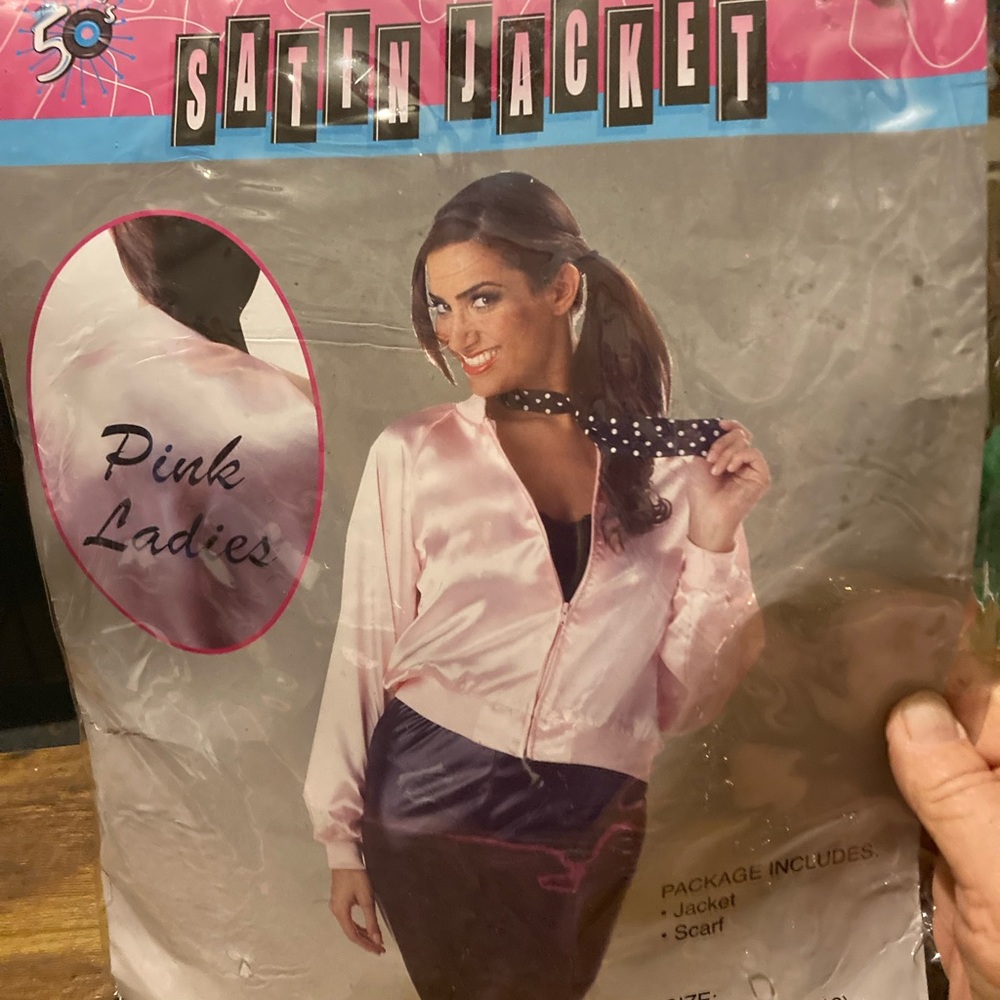 California Costume collection women's 1950's grease Pink Satin Jacket with Scarf